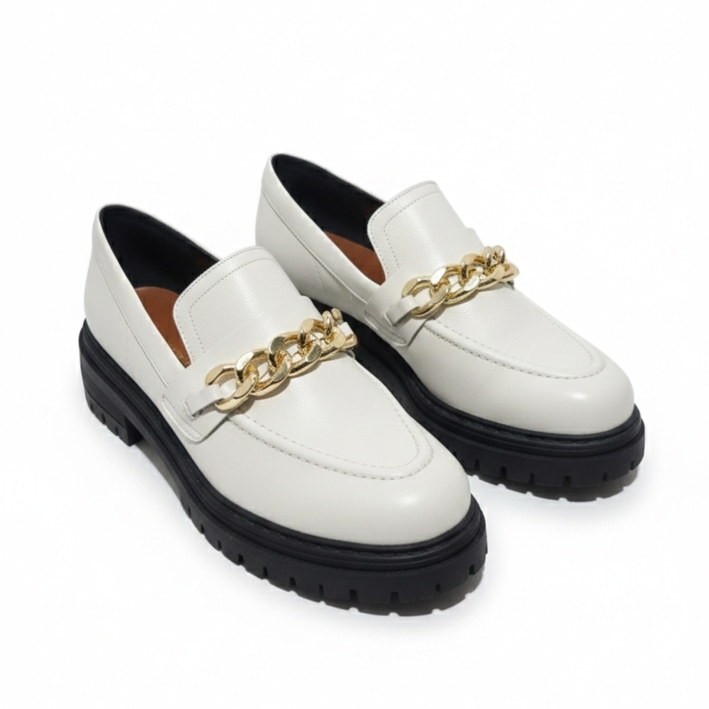 Anthropologie White Loafers with Gold Chain